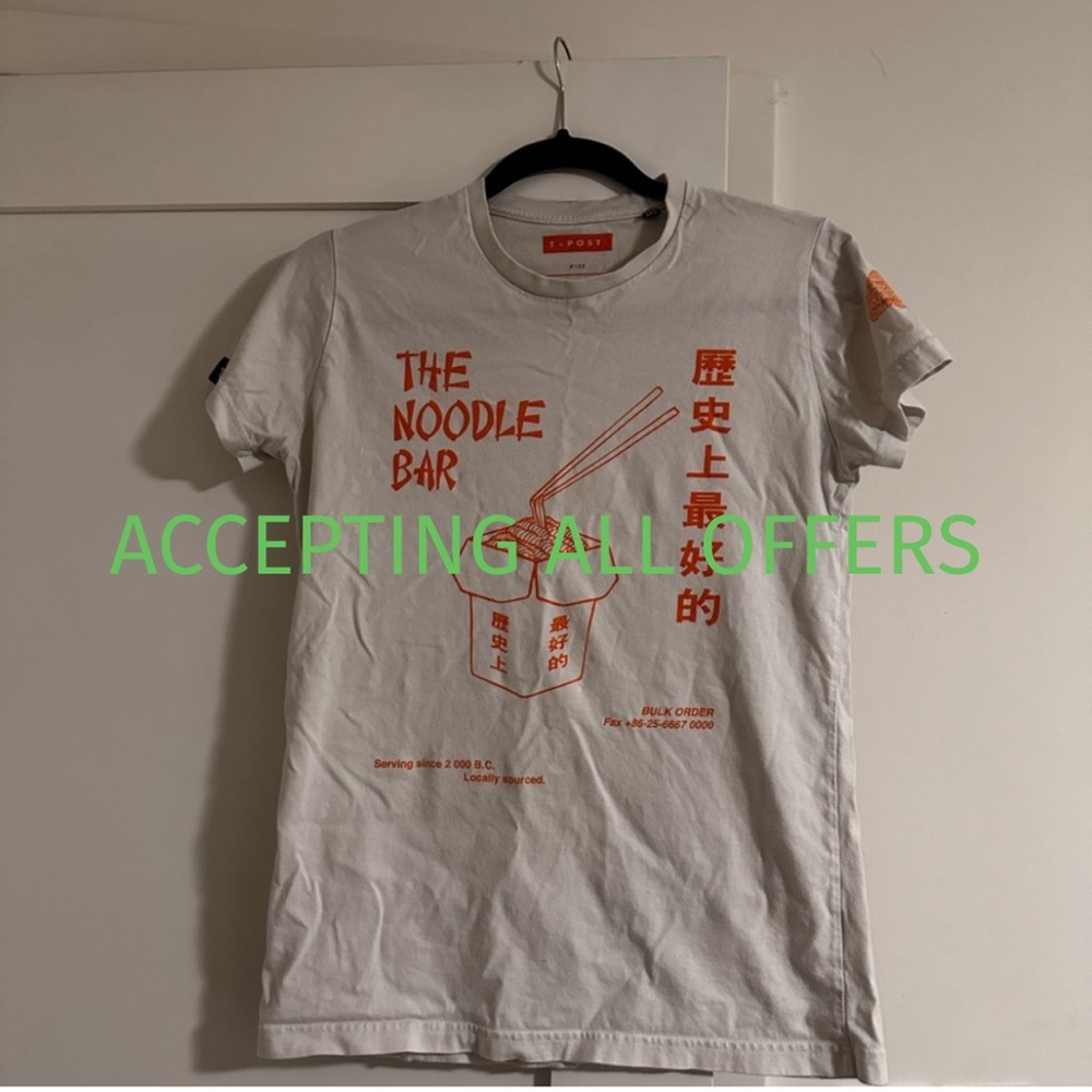 White T-Shirt with Orange Noodle Bar Graphic